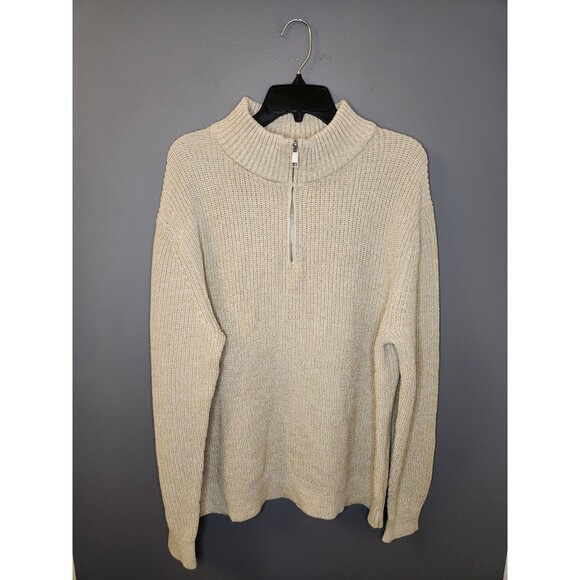 Old Navy Sweater Men's L Beige‎ Chunky Knit 1/4 Zip Pullover Ribbed Fisherman - Picture 2 of 5